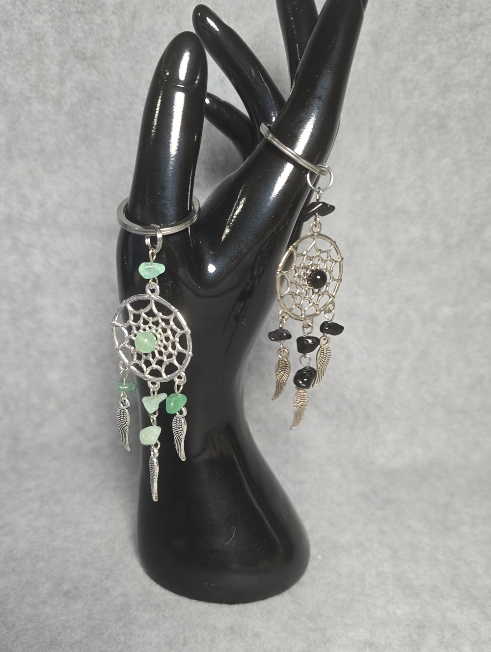 Silver Dreamcatcher Keyrings with Green and Black Beads